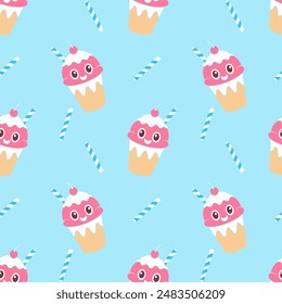 Patrón con helado de dibujos animados, diseño de Elementos de verano, helado divertido con bayas y cóctel con una pajita, sobre fondo azul pastel.