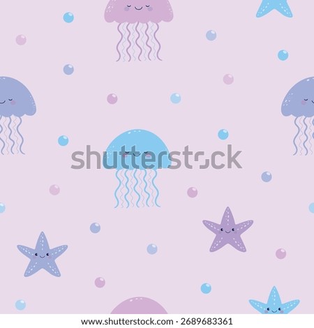 Сhildish pattern with cartoon jellyfish and seastar.