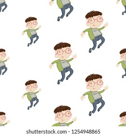 Pattern with cartoon jumping nerd boy, kids daily routine seamless background. Cute modern flat vector illustration on white backdrop.