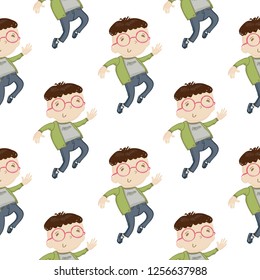 Pattern with cartoon jumping nerd boy, kids daily routine seamless background. Cute modern flat vector illustration on white backdrop.