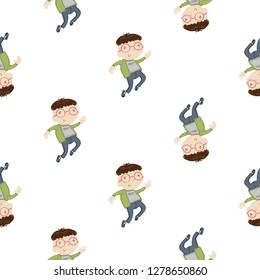 Pattern with cartoon jumping nerd boy, kids daily routine seamless background. Cute modern flat vector illustration on white backdrop.
