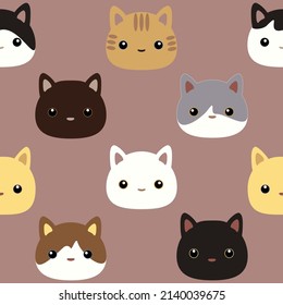 Pattern of cartoon kittens' simple faces with different colours on a pale pink background