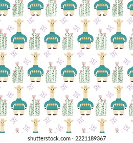 Pattern with cartoon llama, cacti and butterflies. Vector illustration. For use in the design of cards, invitations, fabrics and prints, children rooms, shops, goods for children.