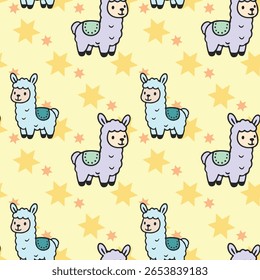 Um padrão de lhamas de desenho animado com estrelas no fundo. As lhamas são bonitas e coloridas, e as estrelas adicionam um toque divertido ao design