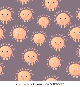 Pattern of cartoon monsters illustration sprite flat style. Happy and funny sea octopus monster swimming and looking on brown background. Vector illustration