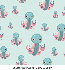 Pattern of cartoon monsters illustration sprite flat style. Happy and funny sea octopus monster swimming and looking on brown background. Vector illustration