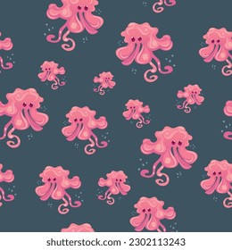 Pattern of cartoon monsters illustration sprite flat style. Happy and funny sea octopus monster swimming and looking . Vector illustration