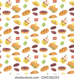 A pattern with a cartoon morning meal. Sandwich, cupcake, cookies, loaf, donut, macaroons. Morning snack, sweets, food with faces, cheerful. Packaging