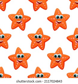 A pattern of cartoon multicolored cheerful starfish on a white background for print, decoration and design. Vector illustration.