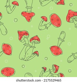 Pattern cartoon mushrooms fly agaric. Seamless vector background. Doodle drawing. Poisonous forest mushroom.