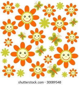 Pattern with cartoon orange flowers on a white background.