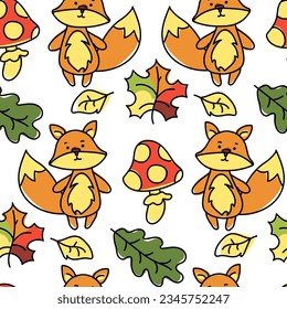 Pattern with cartoon orange fox, autumn leaves and fly agarics in autumn style. Vector image of seamless pattern, endless pattern for children's goods on a white background