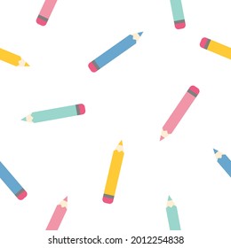 Pattern with cartoon pencils. Seamless vector pattern on white background