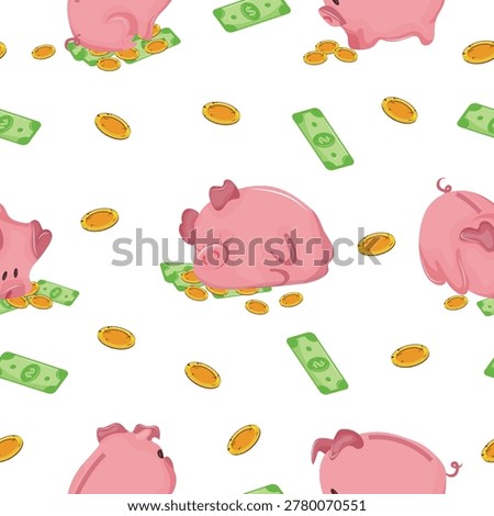 pattern with cartoon pink piggy banks in various poses with green bills and gold coins, finance theme icon, for social networks, posts, backgrounds