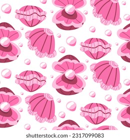 Pattern with cartoon pink shells with pearls. Vector illustration on the marine theme. Printing on textiles and paper. Wrapping paper, clothes, a theme for a little girl. Decoration