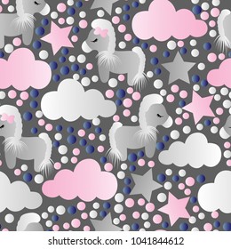 pattern with cartoon pony, clouds and stars