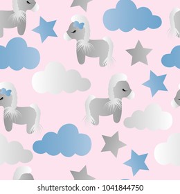 pattern with cartoon pony, clouds and stars