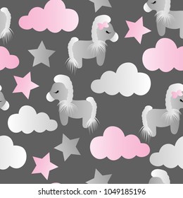 pattern with cartoon pony, clouds and stars