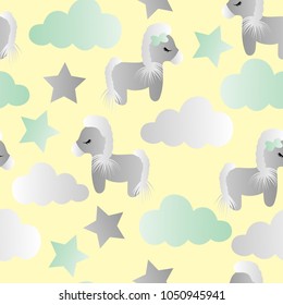 pattern with cartoon pony, clouds and stars