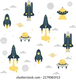 Pattern with Cartoon Rockets, Planets, Stars and UFOs. A poster with a rocket and a shuttle. Cartoon space shuttles in the Solar System. Vector Shuttle, Rocket, Satellite, UFO. Space Background