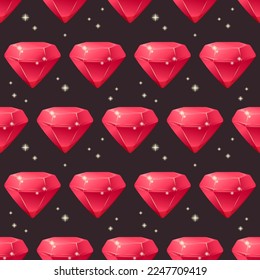 Pattern with cartoon rubies, precious stones on dark black background
