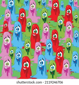Pattern of cartoon  sad colorful  monster  . cute scary baby heroes pattern, design for kids