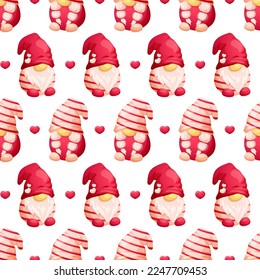 Pattern with cartoon Scandinavian gnomes and hearts on Valentine's Day on white background