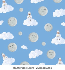 Pattern with cartoon sheep on a cloud with the moon on the light blue background.