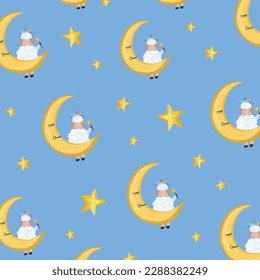 Pattern with cartoon sheep on a moon with the stars on the light blue background.