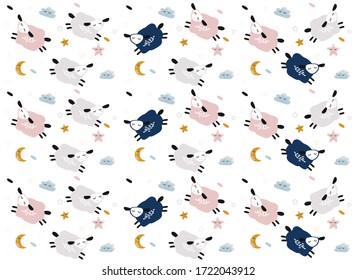 patrón con caricaturas de ovejas, estrellas y nubes. ilustración vectorial plana