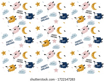pattern with cartoon sheep, stars and clouds. flat vector illustration