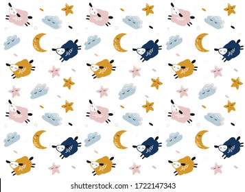 pattern with cartoon sheep, stars and clouds. flat vector illustration