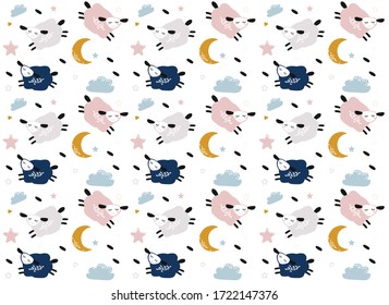 pattern with cartoon sheep, stars and clouds. flat vector illustration