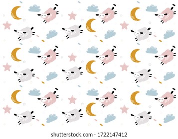 patrón con caricaturas de ovejas, estrellas y nubes. ilustración vectorial plana