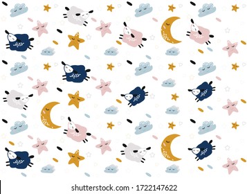 pattern with cartoon sheep, stars and clouds. flat vector illustration