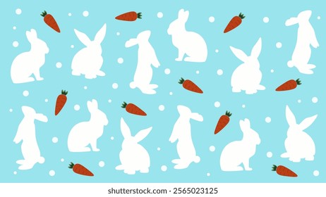 Pattern with cartoon silhouettes of rabbits and carrots on a blue background. Illustration for the holiday of happy Easter bunnies.