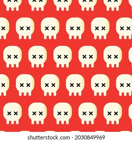 Pattern with cartoon skull on red background. Halloween concept. Can be used as a background.