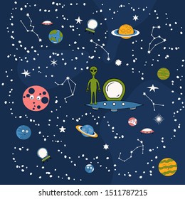Pattern with cartoon smiley planets, spaceships and zodiac signs. Cute baby background with funny aliens, ufo in the star galaxy sky with constellations. Universe wallpaper for kids.