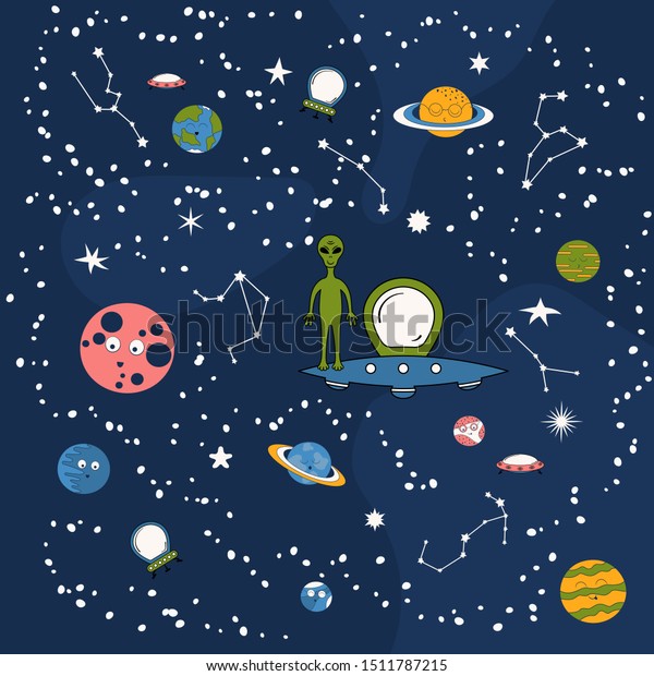 漫画のスマイリー惑星 宇宙船 干支を持つパターン 可愛い赤ちゃんの背景におかしなエイリアン 星の銀河空のufo 星座 子供用のユニバース壁紙 のベクター画像素材 ロイヤリティフリー