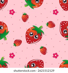 Pattern with cartoon strawberries featuring big eyes