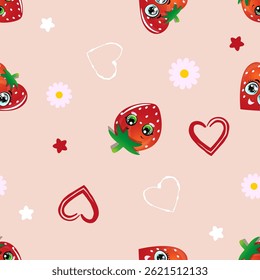 Pattern with cartoon strawberries featuring big eyes