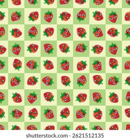 Pattern with cartoon strawberries featuring big eyes