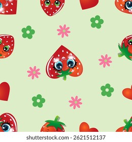 Pattern with cartoon strawberries featuring big eyes