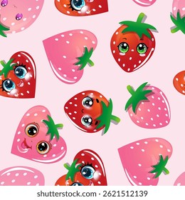 Pattern with cartoon strawberries featuring big eyes