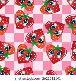Pattern with cartoon strawberries featuring big eyes