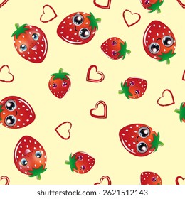 Pattern with cartoon strawberries featuring big eyes