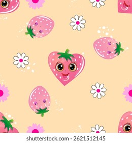 Pattern with cartoon strawberries featuring big eyes