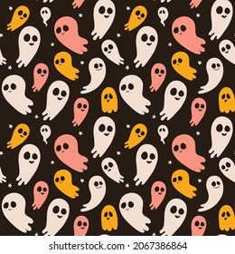 Pattern in cartoon style for Halloween. The elements used are white, pink and yellow. Cute spirits and cartoon-style ghosts surrounded by stars. Can be used for web and print.