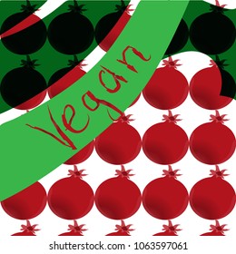 Pattern from cartoon style pomegranate with hand drawn word vegan at the light green background