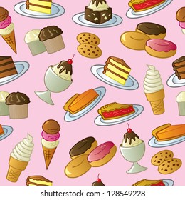 A pattern of cartoon tasty sweets and desserts.